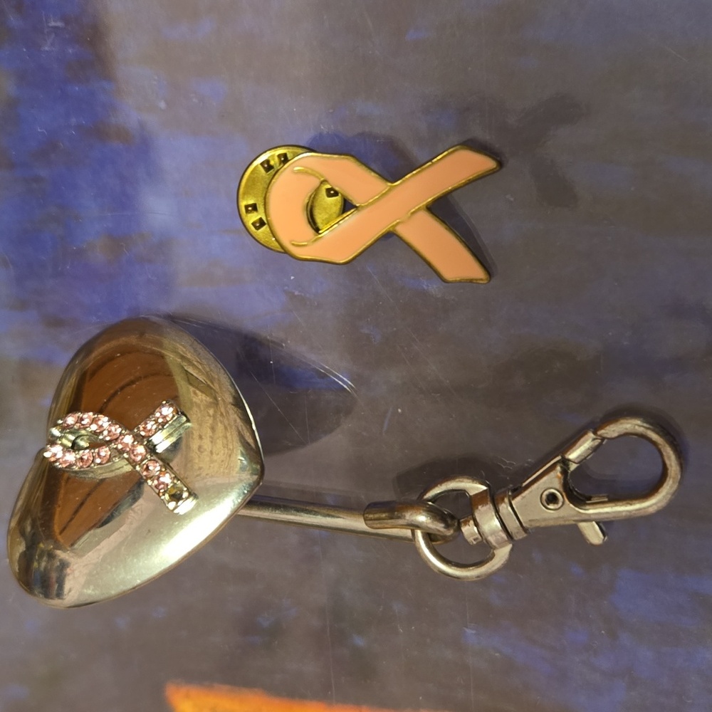 Silver Heart Keychain with Pink Ribbon & Pin Set - Picture 2 of 2